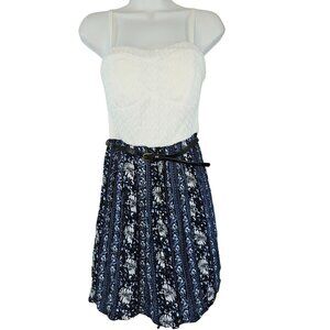 Lily Rose Juniors Belted Fit & Flare Dress White Top Blue Bottom Size M New NWT